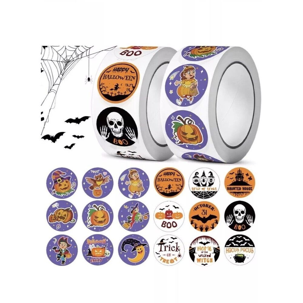 1000 Stickers Halloween Pumpkin Ghost Haunted Adhesive 1 Inch Round Paper Roll